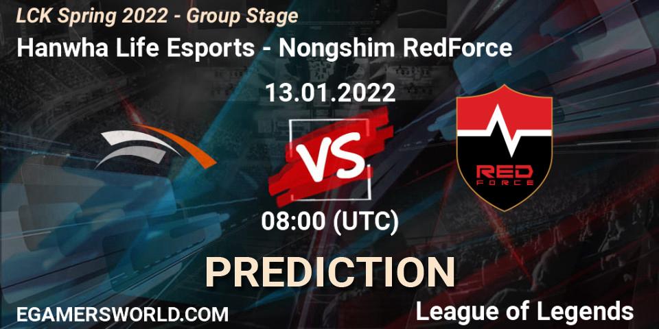 Pronóstico Hanwha Life Esports - Nongshim RedForce. 13.01.2022 at 08:00, LoL, LCK Spring 2022 - Group Stage