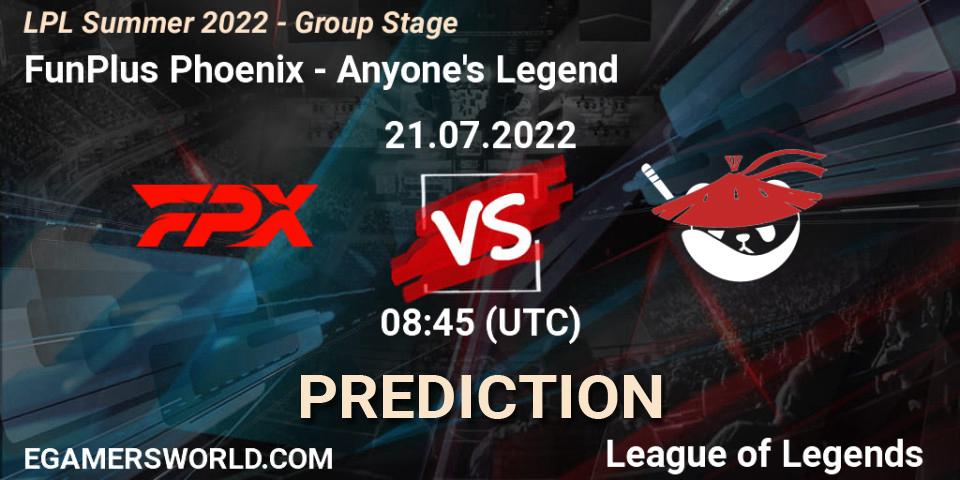 Pronóstico FunPlus Phoenix - Anyone's Legend. 21.07.22, LoL, LPL Summer 2022 - Group Stage