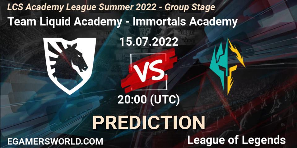 Pronóstico Team Liquid Academy - Immortals Academy. 15.07.2022 at 20:00, LoL, LCS Academy League Summer 2022 - Group Stage