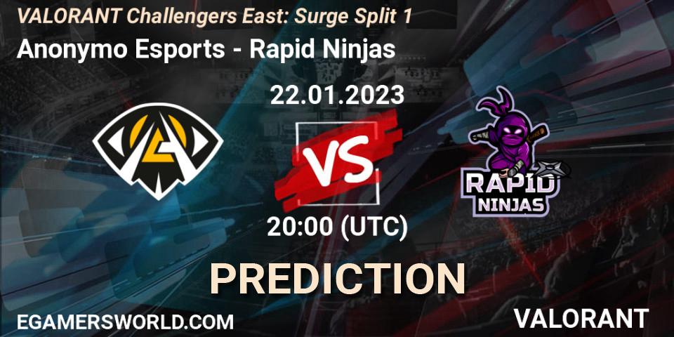 Pronóstico Anonymo Esports - Rapid Ninjas. 22.01.2023 at 20:40, VALORANT, VALORANT Challengers 2023 East: Surge Split 1