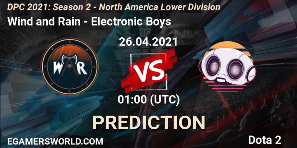Pronóstico Wind and Rain - Electronic Boys. 26.04.2021 at 01:01, Dota 2, DPC 2021: Season 2 - North America Lower Division