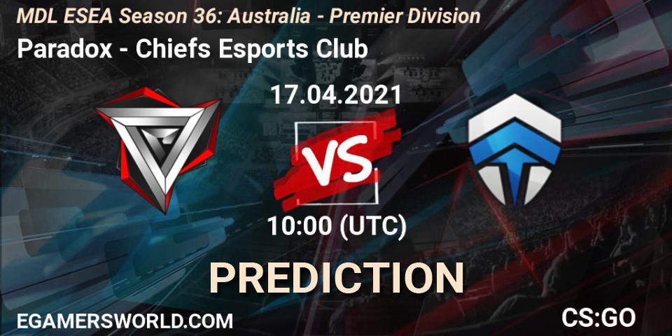 Pronóstico Paradox - Chiefs Esports Club. 17.04.2021 at 10:00, Counter-Strike (CS2), MDL ESEA Season 36: Australia - Premier Division