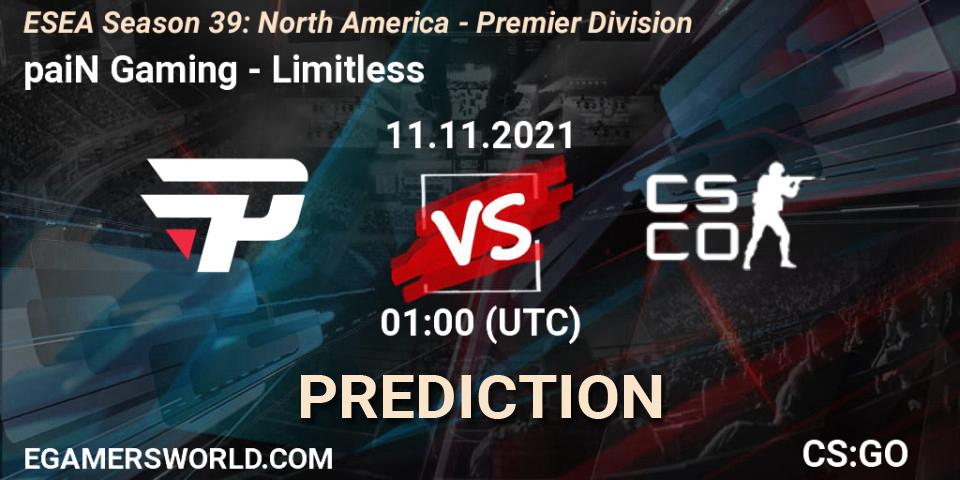Pronóstico paiN Gaming - Limitless. 11.11.2021 at 01:00, Counter-Strike (CS2), ESEA Season 39: North America - Premier Division