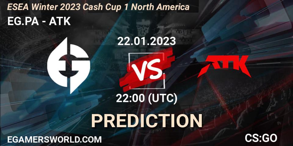 Pronóstico EG.PA - ATK. 22.01.2023 at 22:05, Counter-Strike (CS2), ESEA Cash Cup: North America - Winter 2023 #1