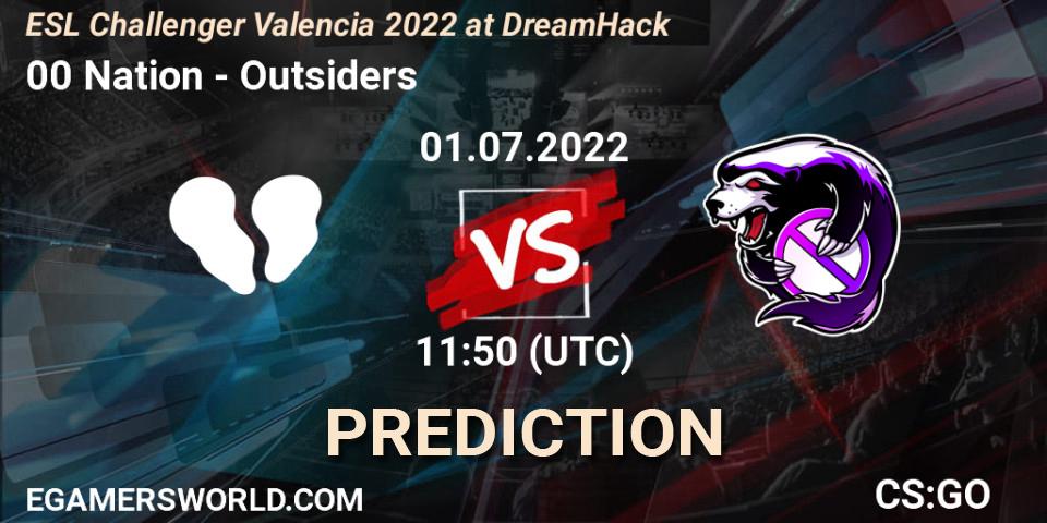 Pronóstico 00 Nation - Outsiders. 01.07.2022 at 12:00, Counter-Strike (CS2), ESL Challenger Valencia 2022 at DreamHack