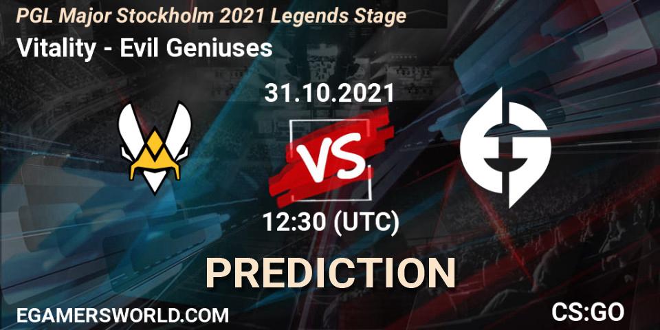 Pronóstico Vitality - Evil Geniuses. 31.10.2021 at 12:50, Counter-Strike (CS2), PGL Major Stockholm 2021 Legends Stage