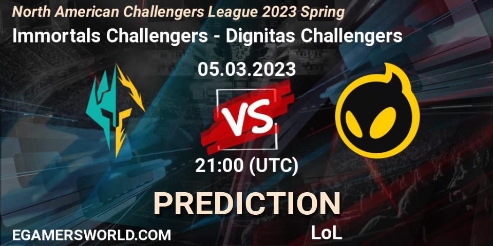Pronóstico Immortals Challengers - Dignitas Challengers. 05.03.23, LoL, NACL 2023 Spring - Group Stage