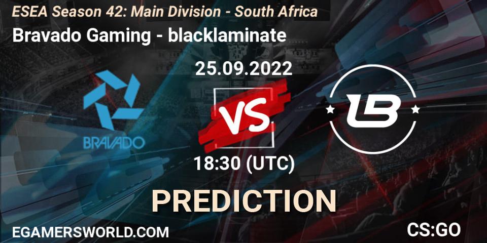 Pronóstico Bravado Gaming - blacklaminate. 26.09.2022 at 17:30, Counter-Strike (CS2), ESEA Season 42: Main Division - South Africa