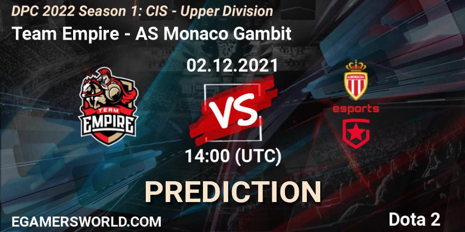 Pronóstico Team Empire - AS Monaco Gambit. 02.12.2021 at 14:25, Dota 2, DPC 2022 Season 1: CIS - Upper Division