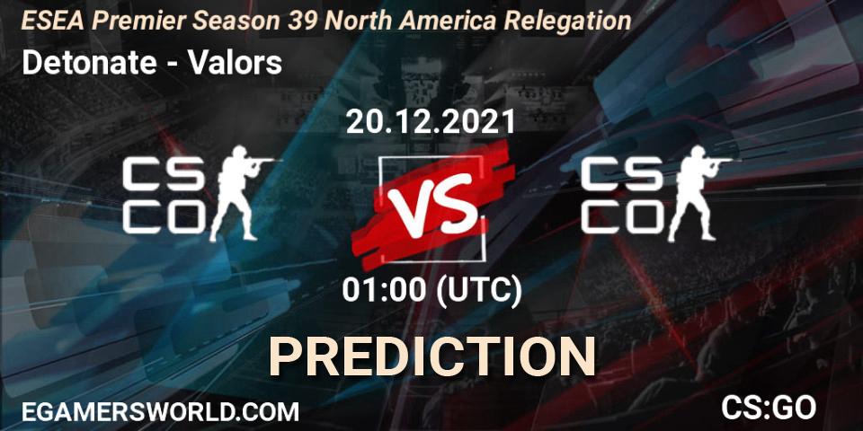 Pronóstico Detonate - Valors. 20.12.2021 at 02:30, Counter-Strike (CS2), ESEA Premier Season 39 North America Relegation