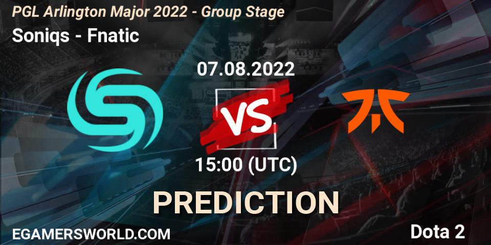 Pronóstico Soniqs - Fnatic. 07.08.2022 at 15:00, Dota 2, PGL Arlington Major 2022 - Group Stage