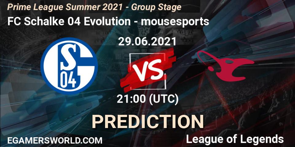 Pronóstico FC Schalke 04 Evolution - mousesports. 29.06.2021 at 16:00, LoL, Prime League Summer 2021 - Group Stage