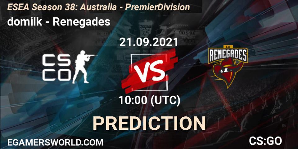 Pronóstico domilk - Renegades. 21.09.2021 at 10:00, Counter-Strike (CS2), ESEA Season 38: Australia - Premier Division