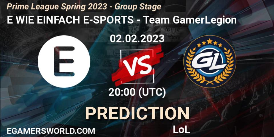 Pronóstico E WIE EINFACH E-SPORTS - Team GamerLegion. 02.02.2023 at 18:00, LoL, Prime League Spring 2023 - Group Stage