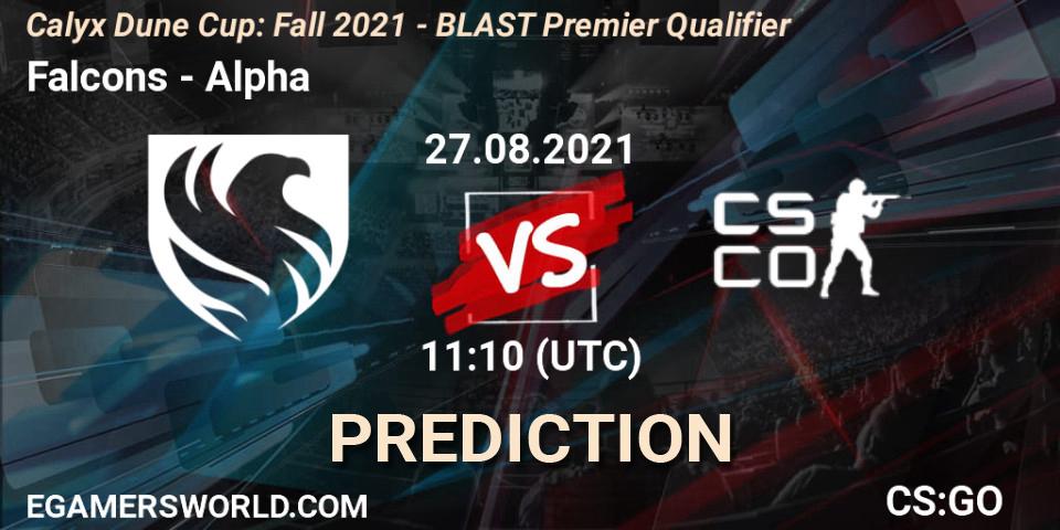 Pronóstico Falcons - Alpha. 27.08.2021 at 11:10, Counter-Strike (CS2), Calyx Dune Cup: Fall 2021 - BLAST Premier Qualifier