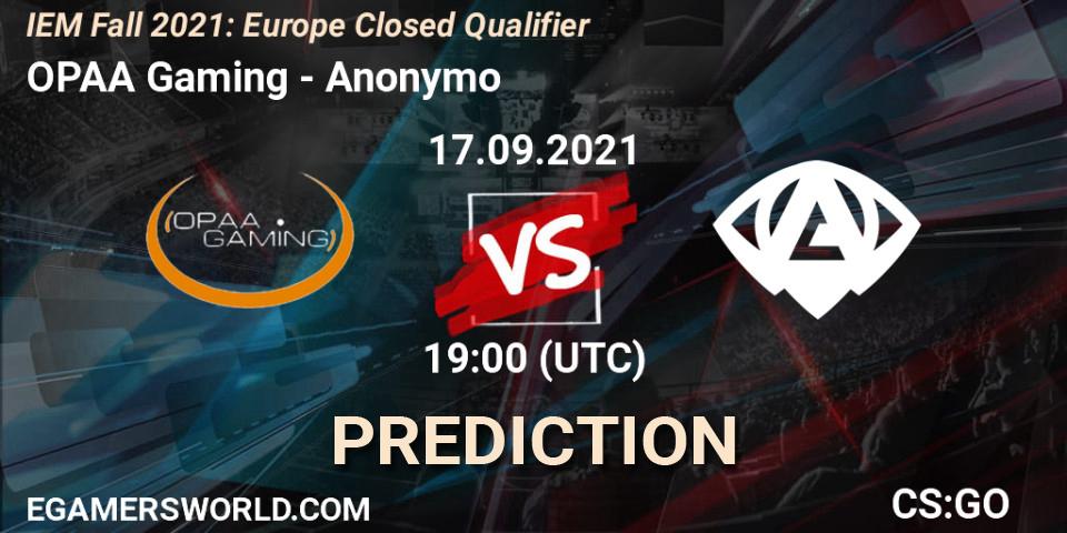 Pronóstico OPAA Gaming - Anonymo. 17.09.2021 at 19:00, Counter-Strike (CS2), IEM Fall 2021: Europe Closed Qualifier