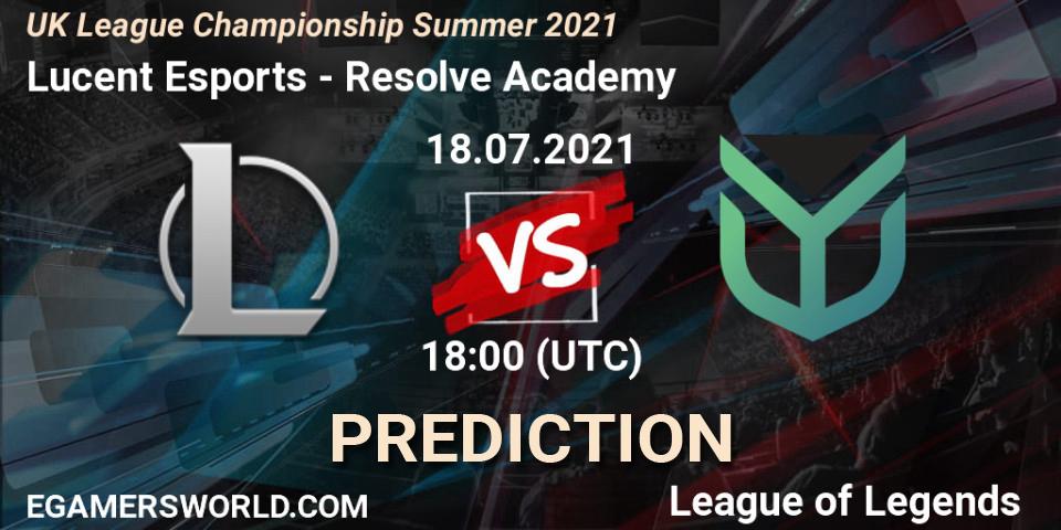 Pronóstico Lucent Esports - Resolve Academy. 18.07.2021 at 18:45, LoL, UK League Championship Summer 2021