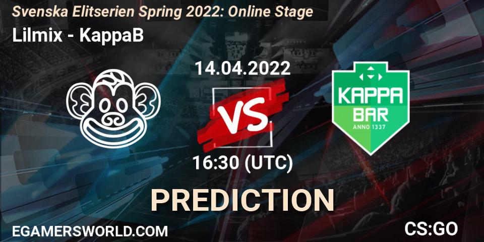 Pronóstico Lilmix - KappaB. 14.04.2022 at 16:30, Counter-Strike (CS2), Svenska Elitserien Spring 2022: Online Stage
