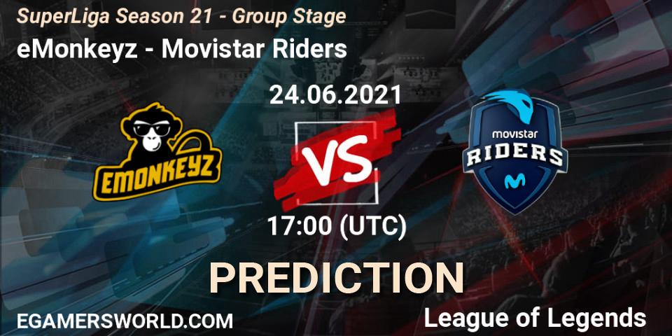 Pronóstico eMonkeyz - Movistar Riders. 24.06.2021 at 17:00, LoL, SuperLiga Season 21 - Group Stage 