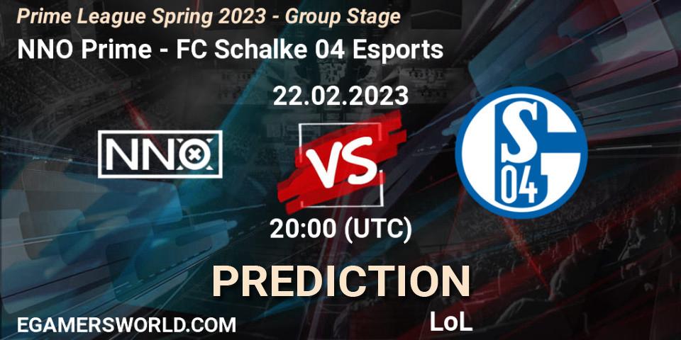Pronóstico NNO Prime - FC Schalke 04 Esports. 22.02.2023 at 20:00, LoL, Prime League Spring 2023 - Group Stage