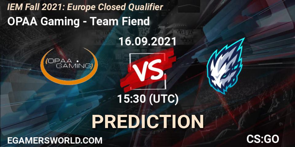 Pronóstico OPAA Gaming - Team Fiend. 16.09.2021 at 15:30, Counter-Strike (CS2), IEM Fall 2021: Europe Closed Qualifier