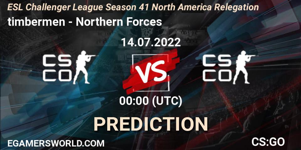 Pronóstico timbermen - Northern Forces. 14.07.2022 at 00:00, Counter-Strike (CS2), ESL Challenger League Season 41 North America Relegation