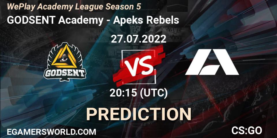 Pronóstico GODSENT Academy - Apeks Rebels. 27.07.2022 at 20:15, Counter-Strike (CS2), WePlay Academy League Season 5