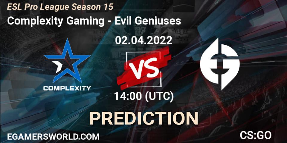 Pronóstico Complexity Gaming - Evil Geniuses. 02.04.2022 at 14:00, Counter-Strike (CS2), ESL Pro League Season 15