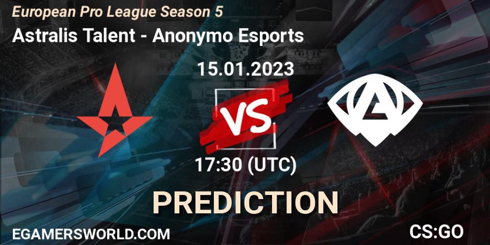 Pronóstico Astralis Talent - Anonymo Esports. 15.01.2023 at 18:40, Counter-Strike (CS2), European Pro League Season 5