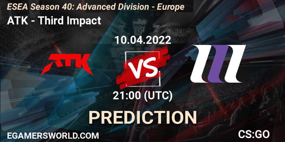 Pronóstico ATK - Third Impact. 10.04.2022 at 20:00, Counter-Strike (CS2), ESEA Season 40: Advanced Division - Europe