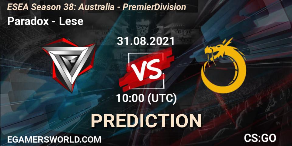 Pronóstico Paradox - Lese. 31.08.2021 at 10:00, Counter-Strike (CS2), ESEA Season 38: Australia - Premier Division
