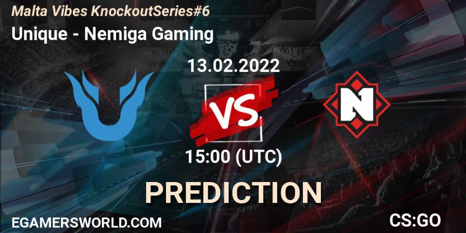 Pronóstico Unique - Nemiga Gaming. 13.02.2022 at 15:25, Counter-Strike (CS2), Malta Vibes Knockout Series #6