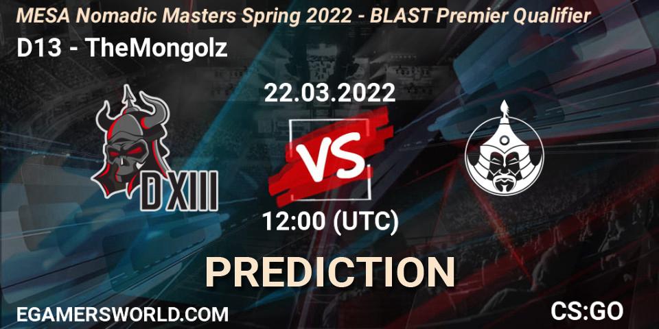 Pronóstico D13 - TheMongolz. 22.03.2022 at 12:00, Counter-Strike (CS2), MESA Nomadic Masters Spring 2022 - BLAST Premier Qualifier