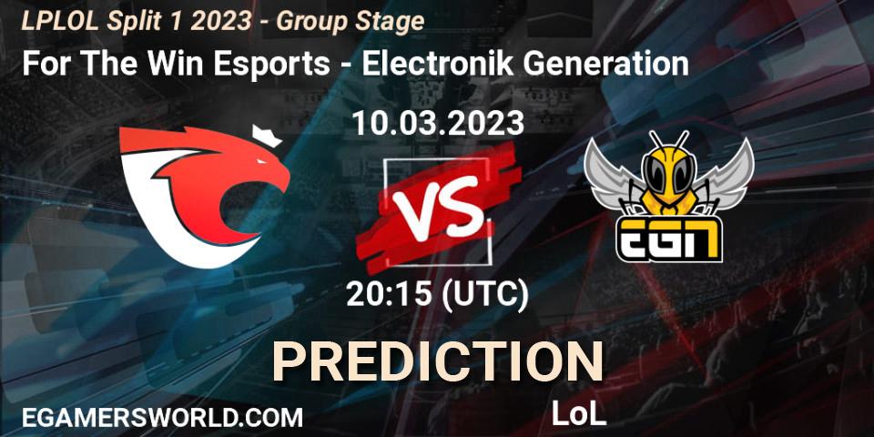 Pronóstico For The Win Esports - Electronik Generation. 10.03.2023 at 20:15, LoL, LPLOL Split 1 2023 - Group Stage