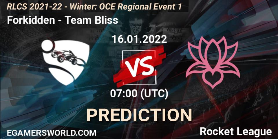 Pronóstico Forkidden - Team Bliss. 16.01.2022 at 07:00, Rocket League, RLCS 2021-22 - Winter: OCE Regional Event 1