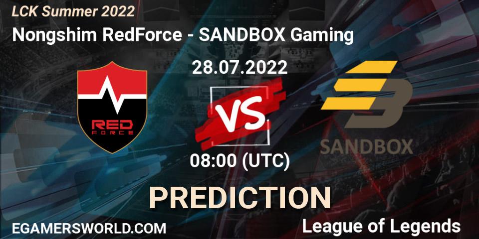 Pronóstico Nongshim RedForce - SANDBOX Gaming. 28.07.22, LoL, LCK Summer 2022