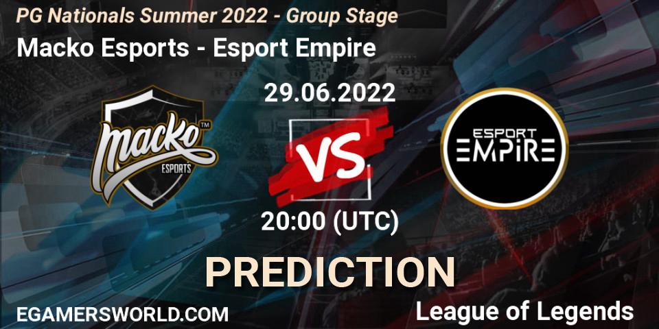 Pronóstico Macko Esports - Esport Empire. 29.06.2022 at 20:00, LoL, PG Nationals Summer 2022 - Group Stage