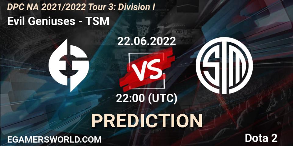 Pronóstico Evil Geniuses - TSM. 22.06.2022 at 21:55, Dota 2, DPC NA 2021/2022 Tour 3: Division I