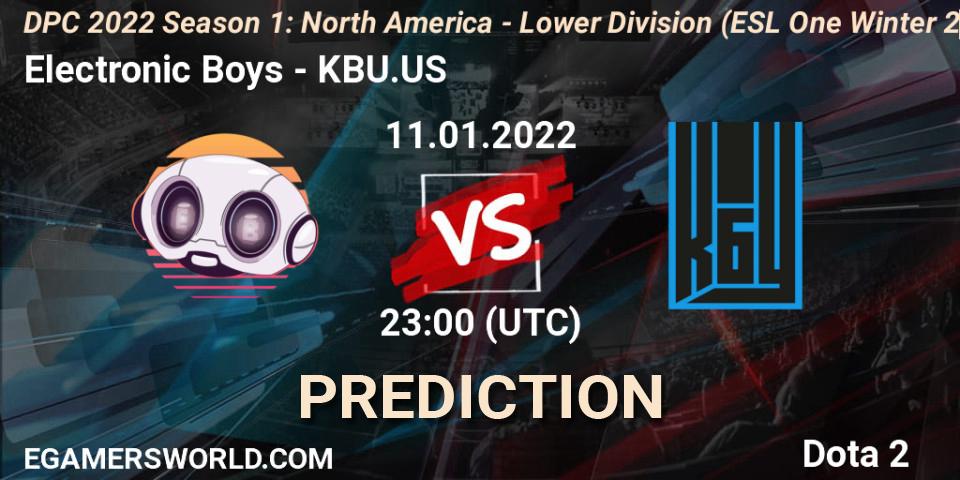 Pronóstico Electronic Boys - KBU.US. 11.01.2022 at 23:18, Dota 2, DPC 2022 Season 1: North America - Lower Division (ESL One Winter 2021)