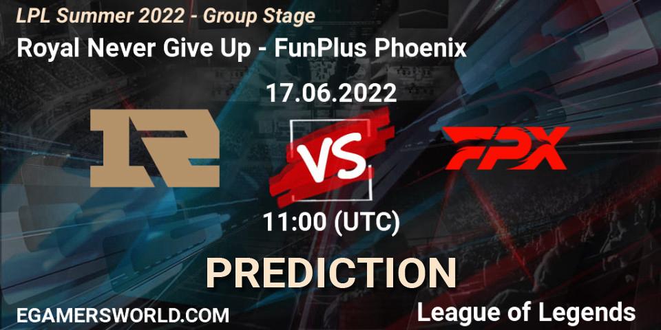 Pronóstico Royal Never Give Up - FunPlus Phoenix. 17.06.2022 at 11:00, LoL, LPL Summer 2022 - Group Stage