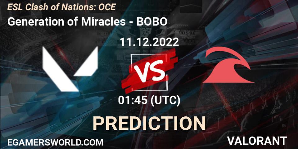 Pronóstico Generation of Miracles - BOBO. 11.12.2022 at 01:45, VALORANT, ESL Clash of Nations: OCE
