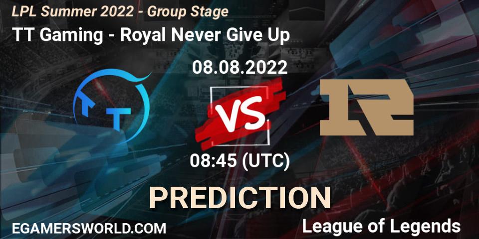 Pronóstico TT Gaming - Royal Never Give Up. 08.08.2022 at 09:00, LoL, LPL Summer 2022 - Group Stage