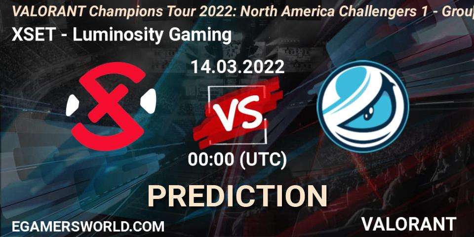 Pronóstico XSET - Luminosity Gaming. 13.03.2022 at 00:00, VALORANT, VCT 2022: North America Challengers 1 - Group Stage