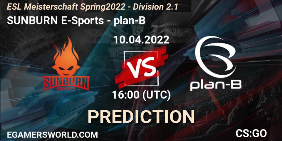 Pronóstico SUNBURN E-Sports - plan-B. 10.04.2022 at 16:00, Counter-Strike (CS2), ESL Meisterschaft Spring 2022 - Division 2.1