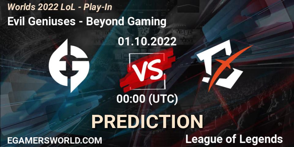 Pronóstico Evil Geniuses - Beyond Gaming. 01.10.2022 at 00:30, LoL, Worlds 2022 LoL - Play-In