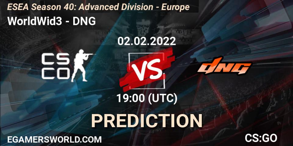 Pronóstico WorldWid3 - DNG. 02.02.2022 at 19:00, Counter-Strike (CS2), ESEA Season 40: Advanced Division - Europe