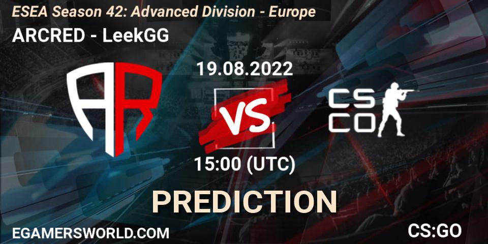 Pronóstico ARCRED - LeekGG. 19.08.2022 at 15:00, Counter-Strike (CS2), ESEA Season 42: Advanced Division - Europe
