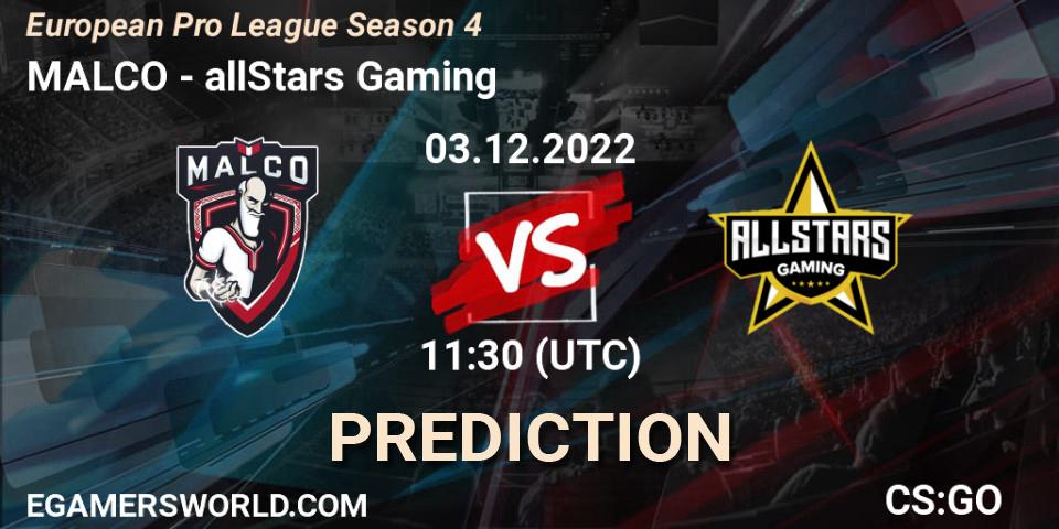 Pronóstico MALCO - allStars Gaming. 03.12.22, CS2 (CS:GO), European Pro League Season 4
