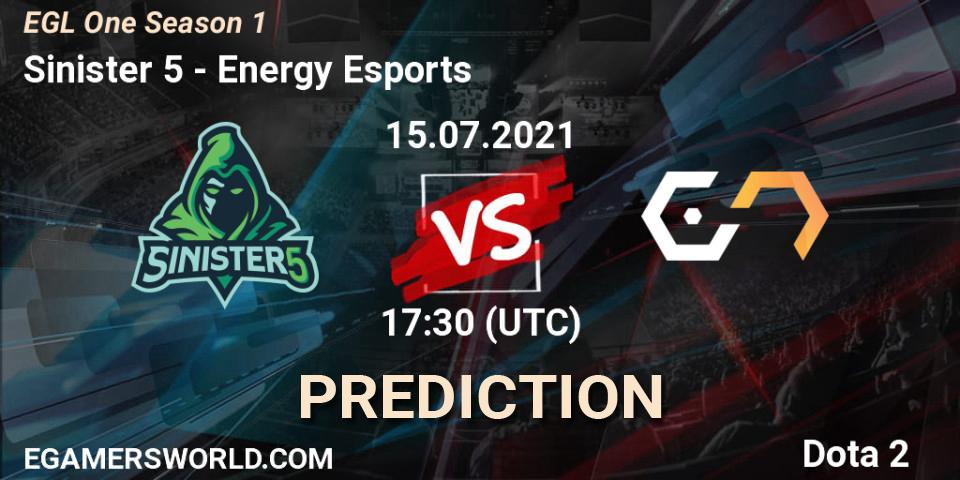 Pronóstico Sinister 5 - Energy Esports. 15.07.2021 at 17:33, Dota 2, EGL One Season 1