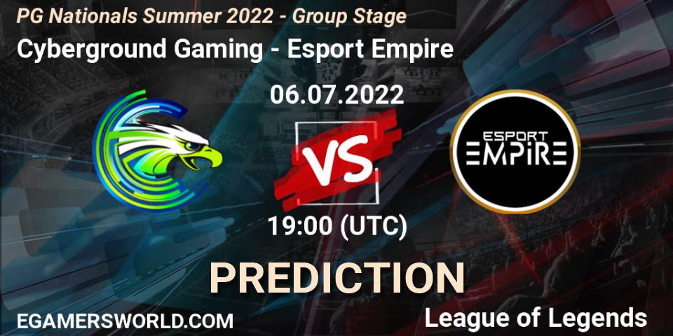 Pronóstico Cyberground Gaming - Esport Empire. 06.07.2022 at 19:00, LoL, PG Nationals Summer 2022 - Group Stage